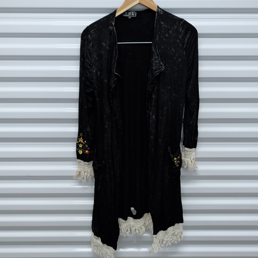POL Cardigan Duster Size S Womens Black Acid Wash Floral Embroidered Fringe Boho